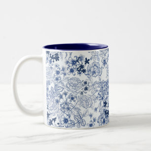 Caneca De Café Em Dois Tons Toile-De-Jouy Padrão Francês Vintage Casamento 