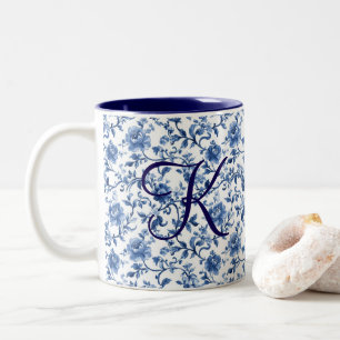 Caneca De Café Em Dois Tons Toile Floral de Aquarela Azul Chinoiserie Vintage