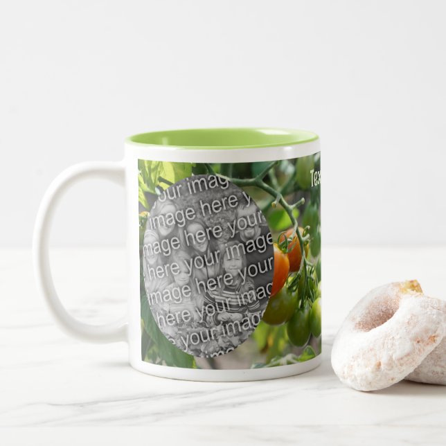 Caneca De Café Em Dois Tons Tomates de cereja de jardim adicione sua foto (Com Donut)
