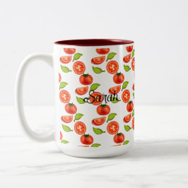 Caneca De Café Em Dois Tons Tomates E Folhas De Orégãos
