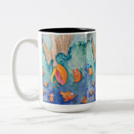 Caneca De Café Em Dois Tons "Tome o mergulho!" Arte do pelicano & dos peixes