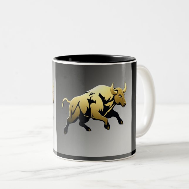 Caneca De Café Em Dois Tons Touro Dourado – Emblema de Força e Prosperidade (Frente Esquerda)