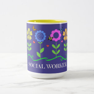 Caneca De Café Em Dois Tons "Trabalhador Social", Flores Gráficas de primavera