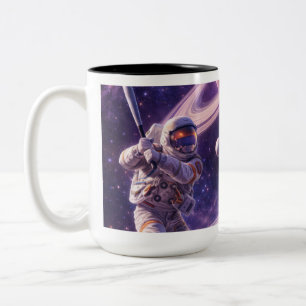 Caneca De Café Em Dois Tons Três astronautas jogando beisebol nos anéis espaci