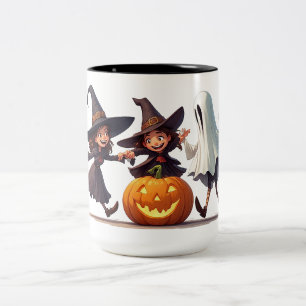 Caneca De Café Em Dois Tons Três Bruxas e Dança de Abóbora Brilhante 🧙