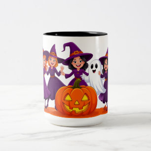 Caneca De Café Em Dois Tons Três Bruxinhas Dançando em Torno de uma Abóbora 🎃