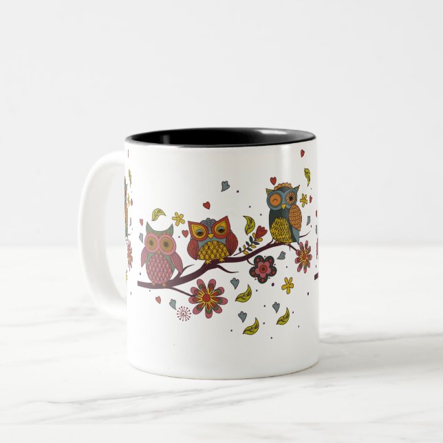 Caneca De Café Em Dois Tons Três corujas no ramo (Frente Esquerda)