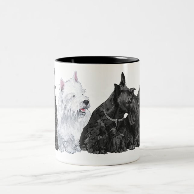 Caneca De Café Em Dois Tons Três Scotties Curiosos e um Westie (Centro)