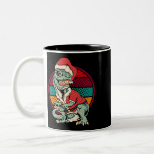 Caneca De Café Em Dois Tons TRex Papai Noel Dinossauro Feliz Engraçada Xm