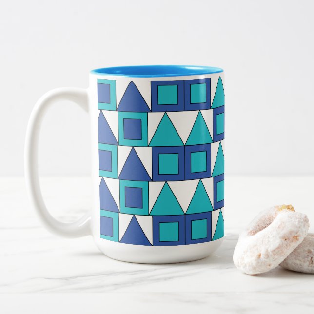 Caneca De Café Em Dois Tons Triângulo Azul Teal Quadrado Geométrico (Com Donut)