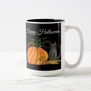 Caneca De Café Em Dois Tons Trick ou Tratar Abóbora de Halloween Gato
