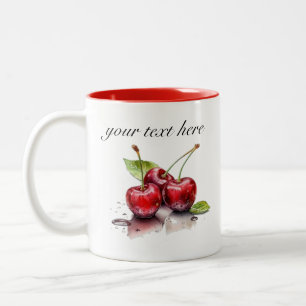 Caneca De Café Em Dois Tons Trio de Cerejas Frescas em Aquarela, personalizado