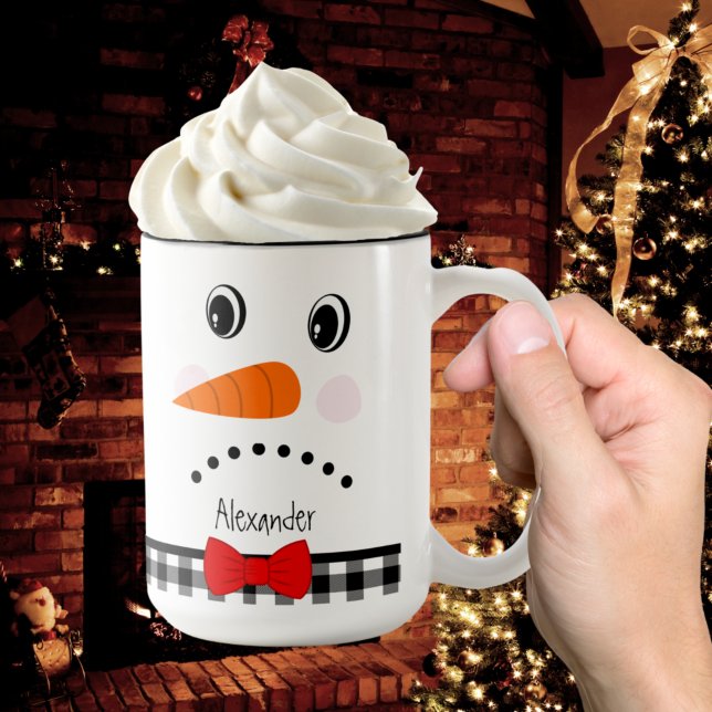 Caneca De Café Em Dois Tons Triste Face Snowman Red Bowtie Black Xadrez Buffal (Criador carregado)
