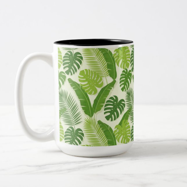 Caneca De Café Em Dois Tons Tropical Leaves & Monstera Seamless Pattern (Esquerda)