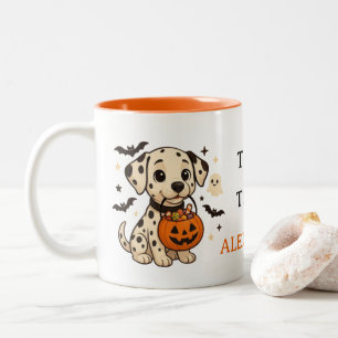 Caneca De Café Em Dois Tons Truque de Cão Dalmático Halloween ou Tratar