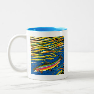 Caneca De Café Em Dois Tons Trutas Coloridas e ondulações de água