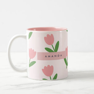 Caneca De Café Em Dois Tons Tulipa Floral Rosa Encantadora Personalizada