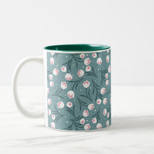 Caneca De Café Em Dois Tons Tulipas Brancas Elegantes no Padrão Verde Pastel