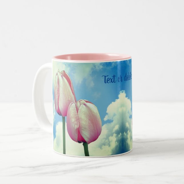 Caneca De Café Em Dois Tons Tulipas Rosa Céu Azul Natureza Personalizada (Frente Esquerda)