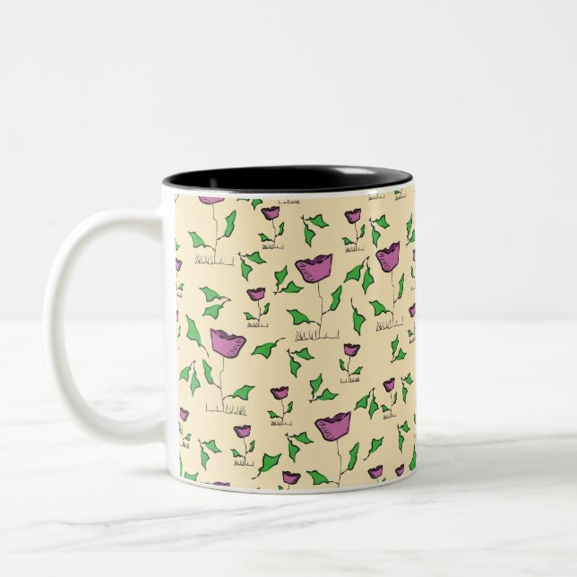 Caneca De Café Em Dois Tons Tulipas roxas em fundo amarelo (Esquerda)