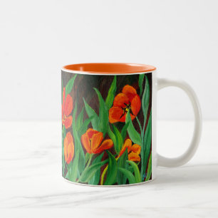 Caneca De Café Em Dois Tons Tulipas Vermelhas
