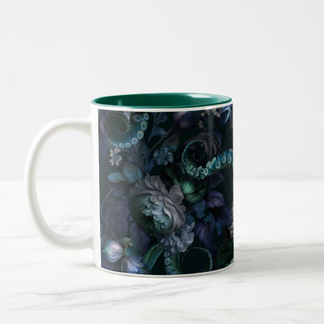 Caneca De Café Em Dois Tons Turquesa Gótica Cthulhu Tentáculo Com Flores (Esquerda)