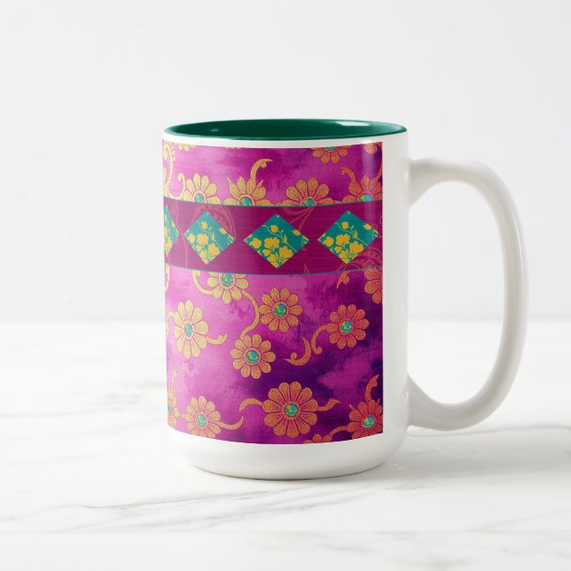 Caneca De Café Em Dois Tons Turquesa Rosa ORIENTAL Floral - Mug, Taça (Direita)