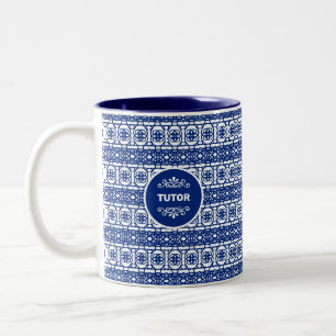 Caneca De Café Em Dois Tons Tutor em Padrão Abstrato Elegante em Azul e Branco