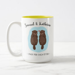Caneca De Café Em Dois Tons Two Lovely Cute Otters Custom Name Valentine's Day