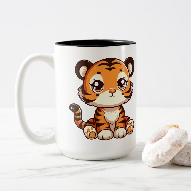Caneca De Café Em Dois Tons Um filhote de tigre bonito sentado (Com Donut)