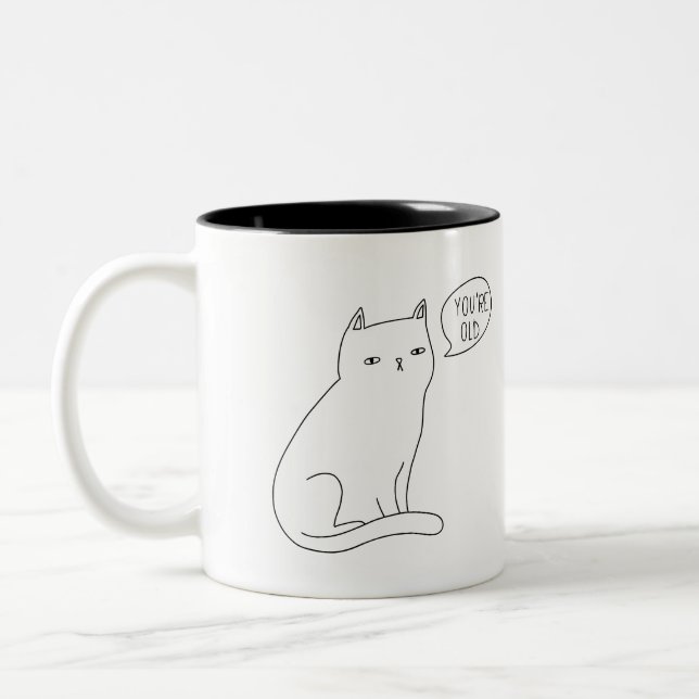Caneca De Café Em Dois Tons Um gato entediado moderno "você é velho" Aniversár (Esquerda)