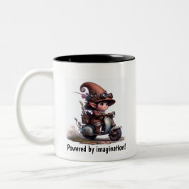 Caneca De Café Em Dois Tons Uma criança feliz dirigindo um Skoter Steampunk