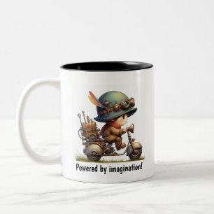 Caneca De Café Em Dois Tons Uma criança feliz dirigindo um Skoter Steampunk