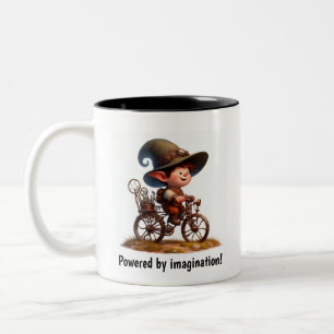 Caneca De Café Em Dois Tons Uma Criança Jovem e Feliz Andando de Bicicleta Ste