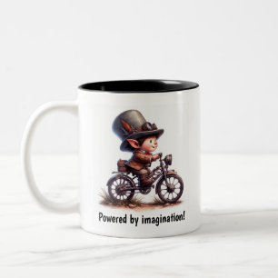Caneca De Café Em Dois Tons Uma jovem e feliz criança dirigindo uma moto Steam