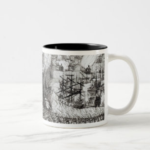 Caneca De Café Em Dois Tons Uma perspectiva da cidade e do porto