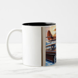 Caneca De Café Em Dois Tons Uma uva de neve, um avião e um carro vintage