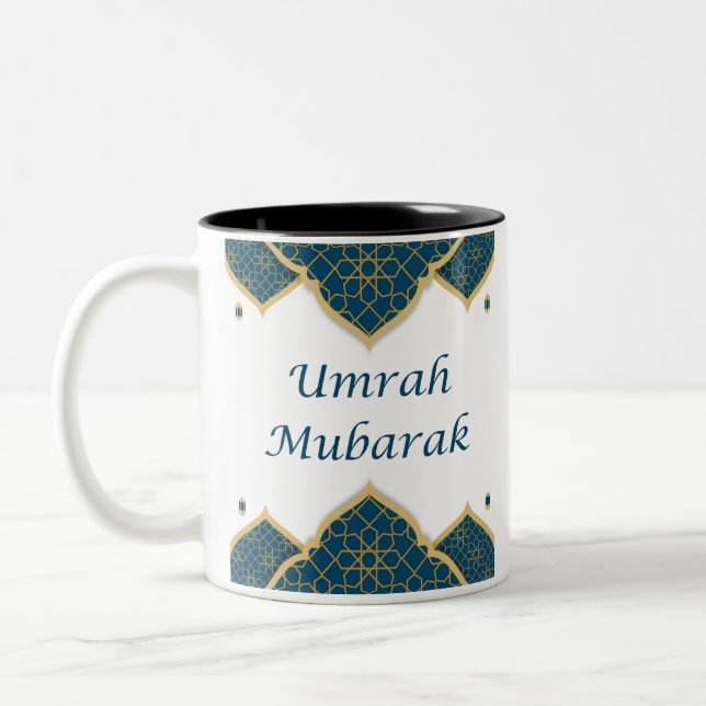 Caneca De Café Em Dois Tons Umrah Mubarak, islâmico azul e Ouro, em inglês (Esquerda)