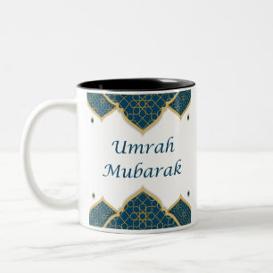 Caneca De Café Em Dois Tons Umrah Mubarak, islâmico azul e Ouro, em inglês