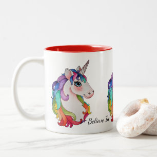 Caneca De Café Em Dois Tons Unicórnio da aguarela com cabelo do arco-íris