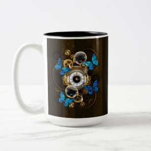 Caneca De Café Em Dois Tons Ursinhas Steampunk e Borboletas Azuis