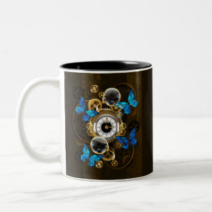 Caneca De Café Em Dois Tons Ursinhas Steampunk e Borboletas Azuis