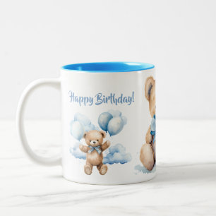 Caneca De Café Em Dois Tons Ursinho de Aguarela e Nuvens Feliz Aniversário
