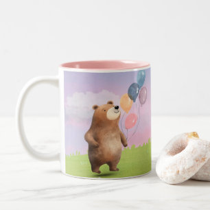 Caneca De Café Em Dois Tons Urso e Balões Pastel em Aquarela Fofa