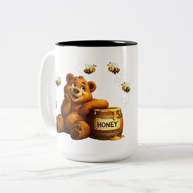 Caneca De Café Em Dois Tons Urso Fofo com Mel & Abelhas Felizes (Frente Esquerda)
