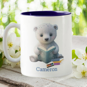 Caneca De Café Em Dois Tons Urso Polar Cinto Lendo Livro Personalizado