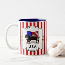 Caneca De Café Em Dois Tons USA American Flag Dachshund Dachsie (preto & tan)