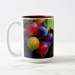 Caneca De Café Em Dois Tons Uvas Vibrantes em Aquarela e Gotículas de Orvalho