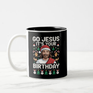 Caneca De Café Em Dois Tons Vá Jesus É Seu Aniversário Suéter Feio de Natal