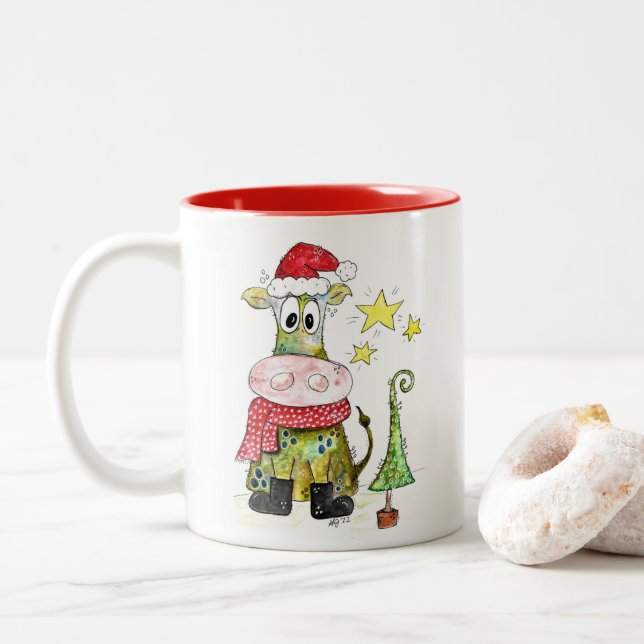 Caneca De Café Em Dois Tons Vaca branca de Natal (Com Donut)